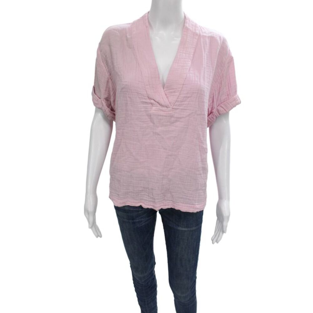 Xirena Women Basic Pink V-Neck Cotton Short Sleeve Blouse Size XS